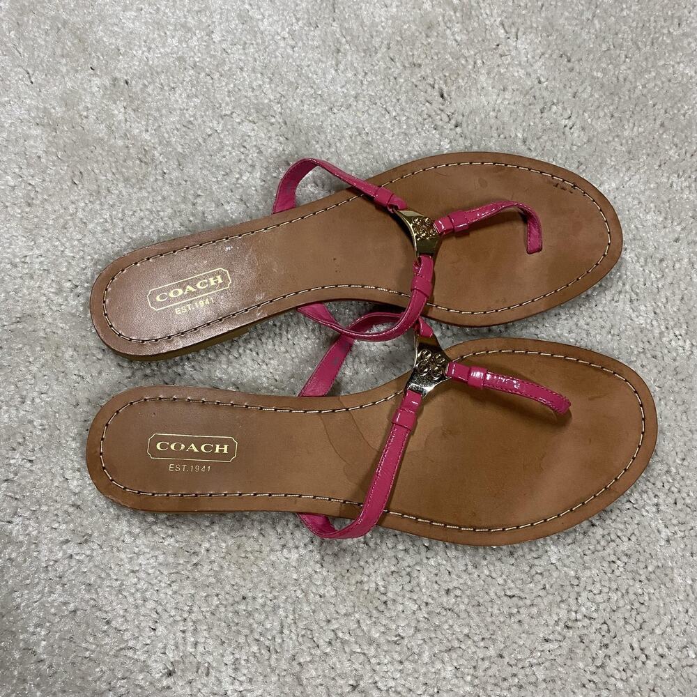 Coach Sandals Womens 8.5 Pink Leather Rachel Thong Flat Slip On Medallion